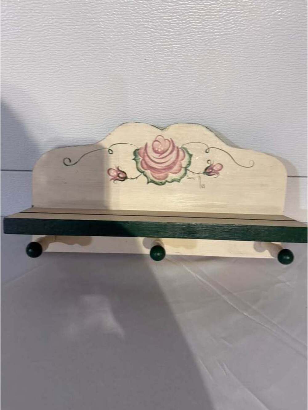 Hand-Painted vintage Wooden Wall Shelf with Pegs